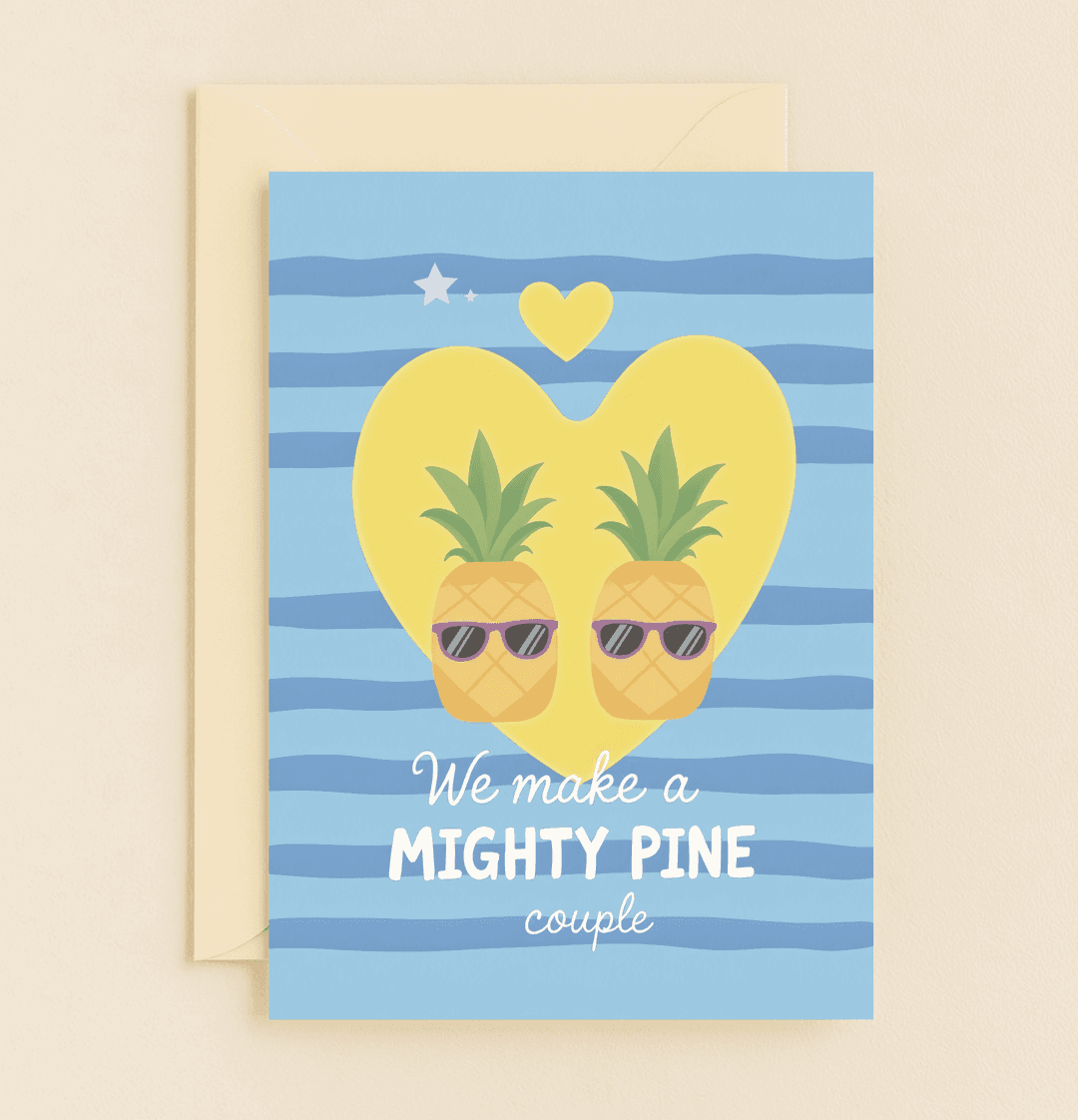 Celebrate your anniversary with "A Pineapple-Perfect Pair" card, featuring a playful design of pineapples in sunglasses and charming wordplay for a "mighty pine" couple.