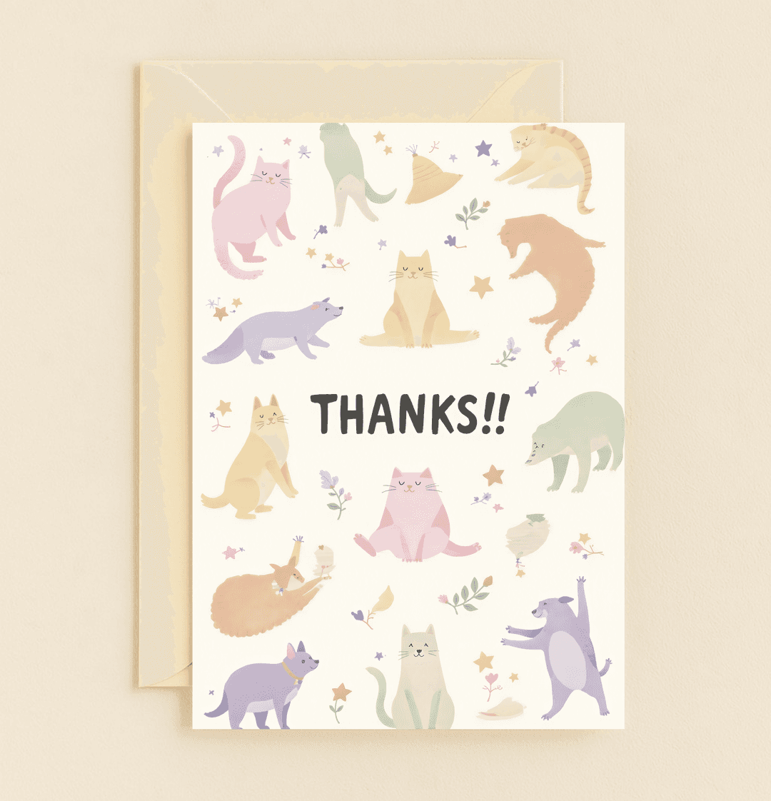 Express gratitude with a whimsical touch using our "Furry Friends Say Thanks!" card, featuring playful pastel cats and bears surrounded by stars and flowers.