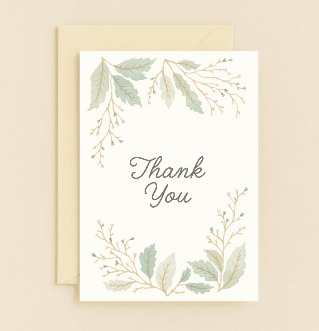 Express heartfelt gratitude with the "Elegance in Appreciation" card, featuring serene watercolor leaves and branches in muted tones.
