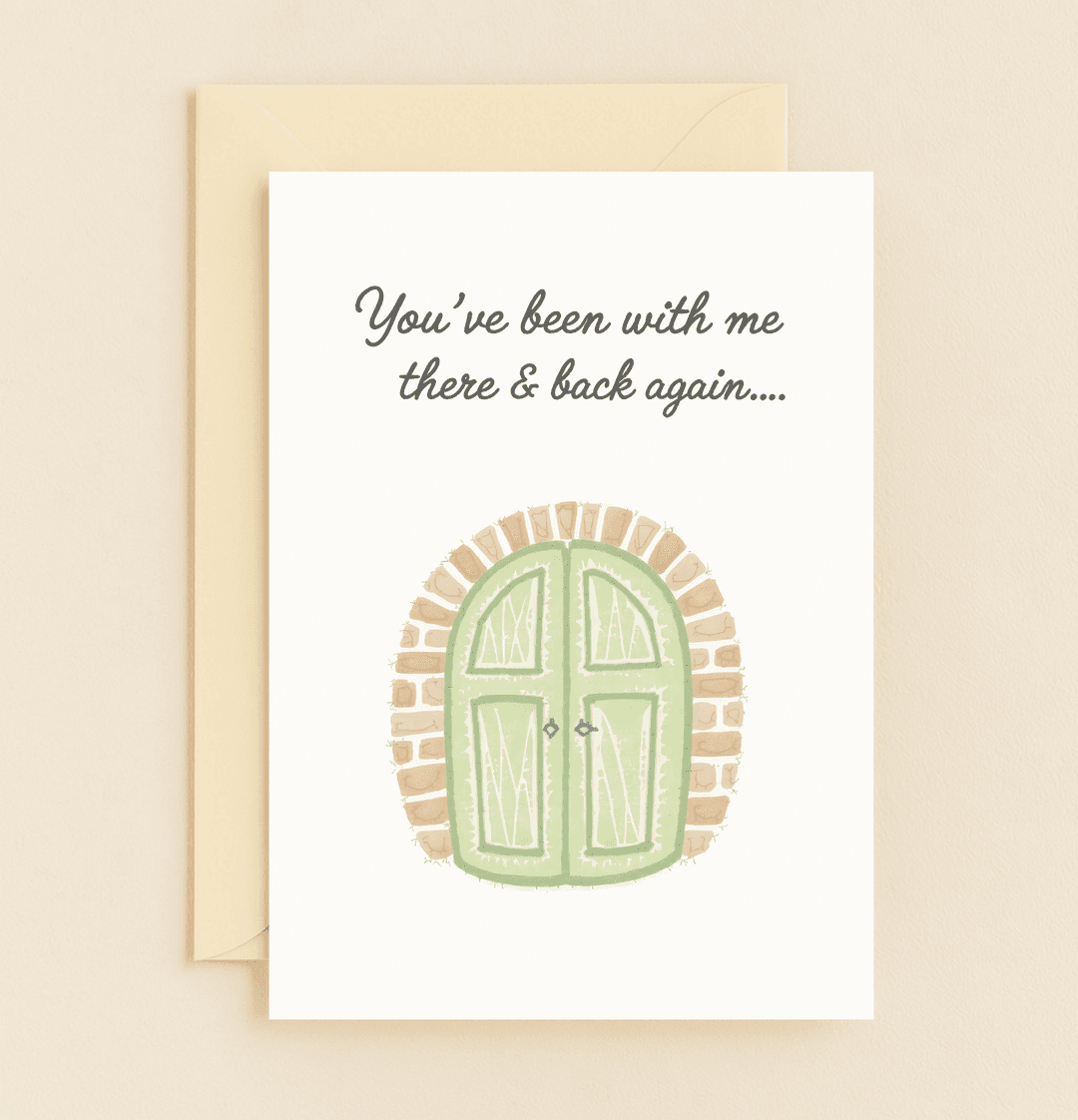 Celebrate your journey together with this whimsical, Shire-inspired anniversary card featuring a nostalgic green door and playful Tolkien-themed wordplay.
