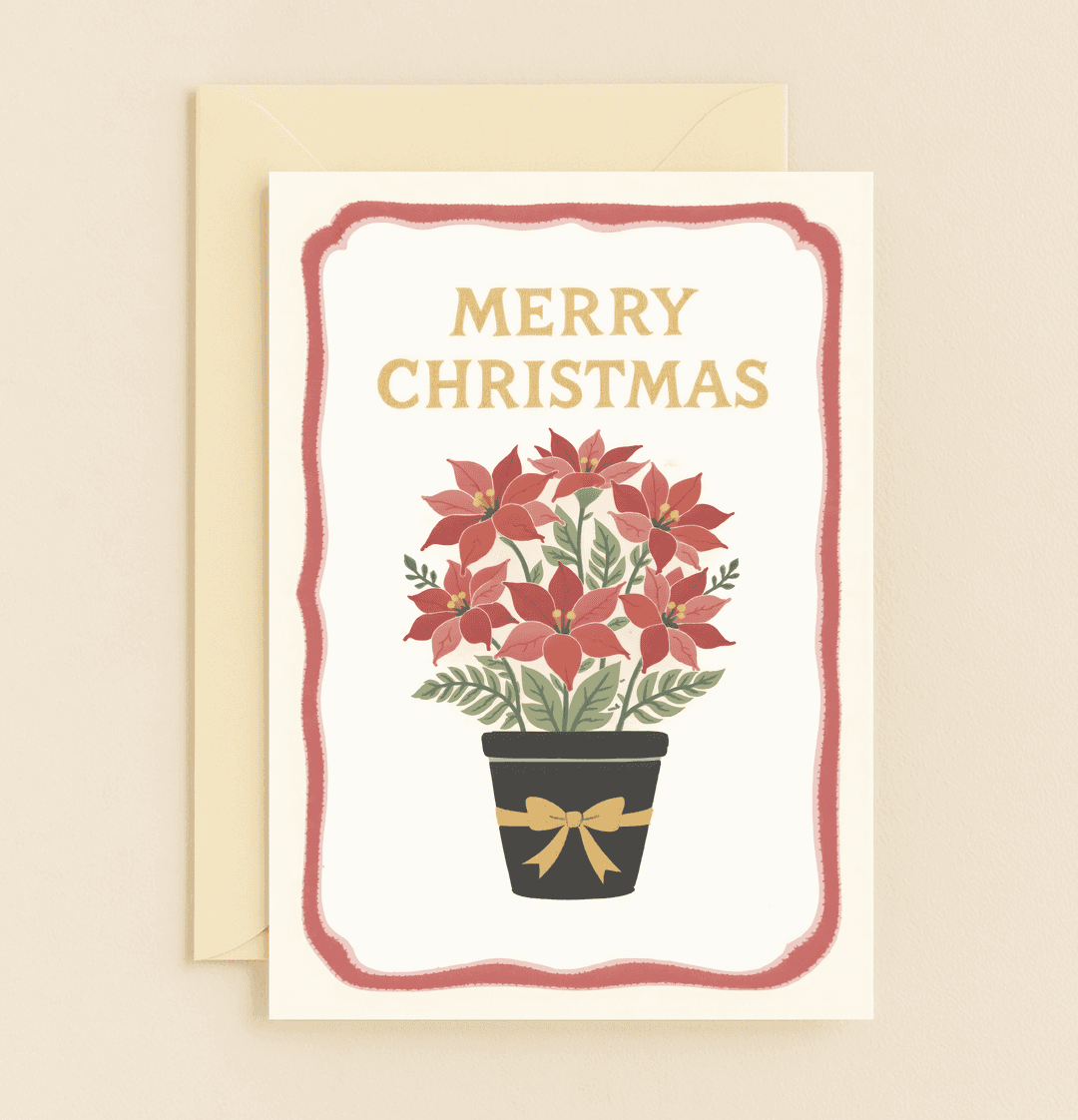 Celebrate Christmas with elegance through a card featuring gold lettering, vibrant poinsettias, and a festive red border for a warm seasonal touch.