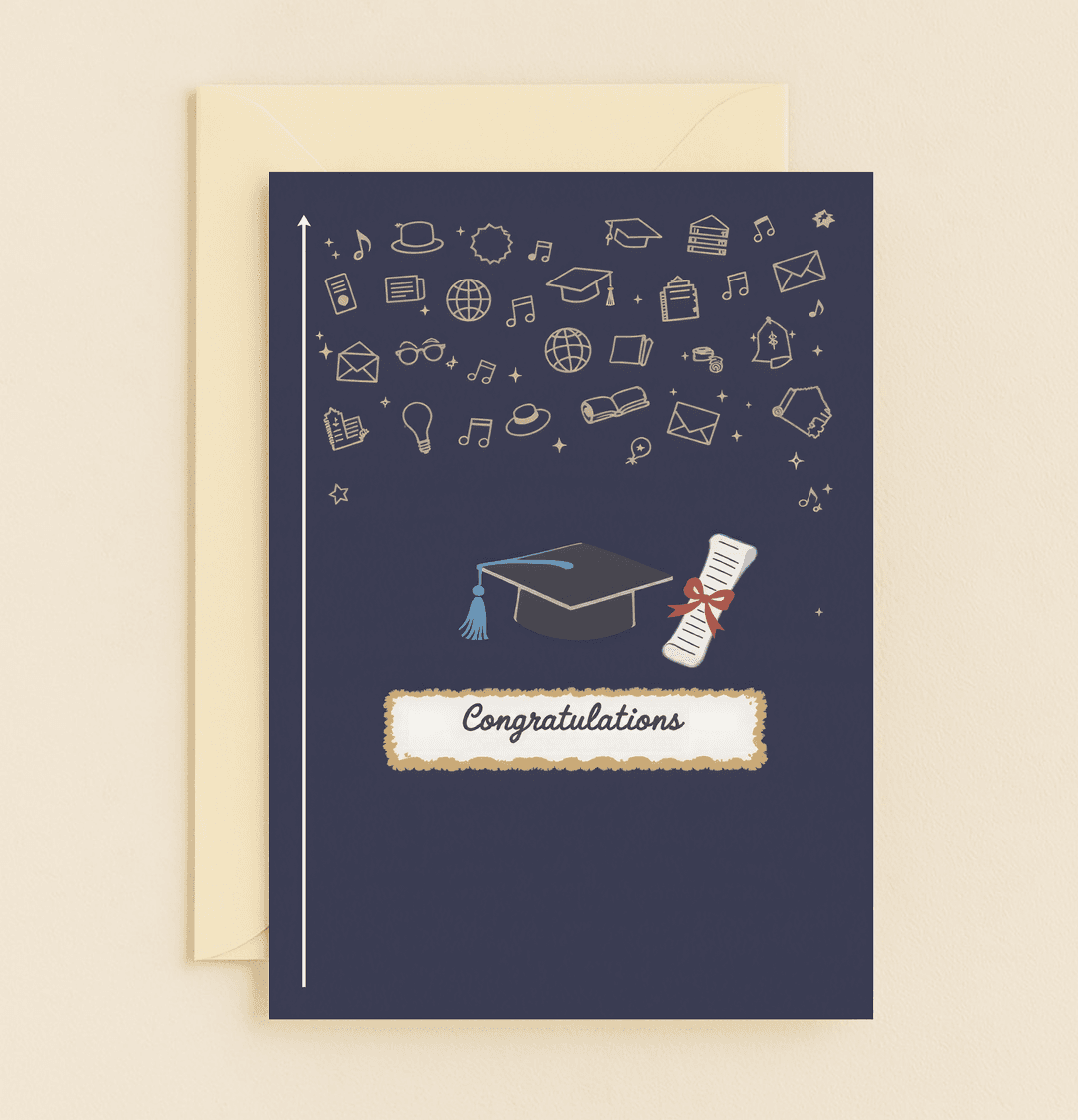 Celebrate their academic success with our "Caps Off to Your Achievement" card, featuring elegant gold icons and a congratulatory banner for a memorable graduation.