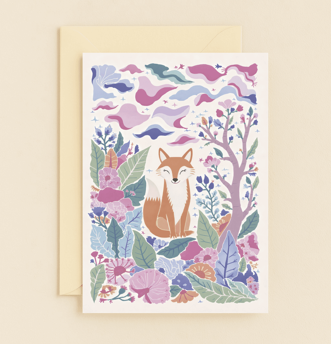 Express gratitude with this enchanting card featuring a smiling fox amid pastel blooms and clouds, perfect for a whimsical thank you.