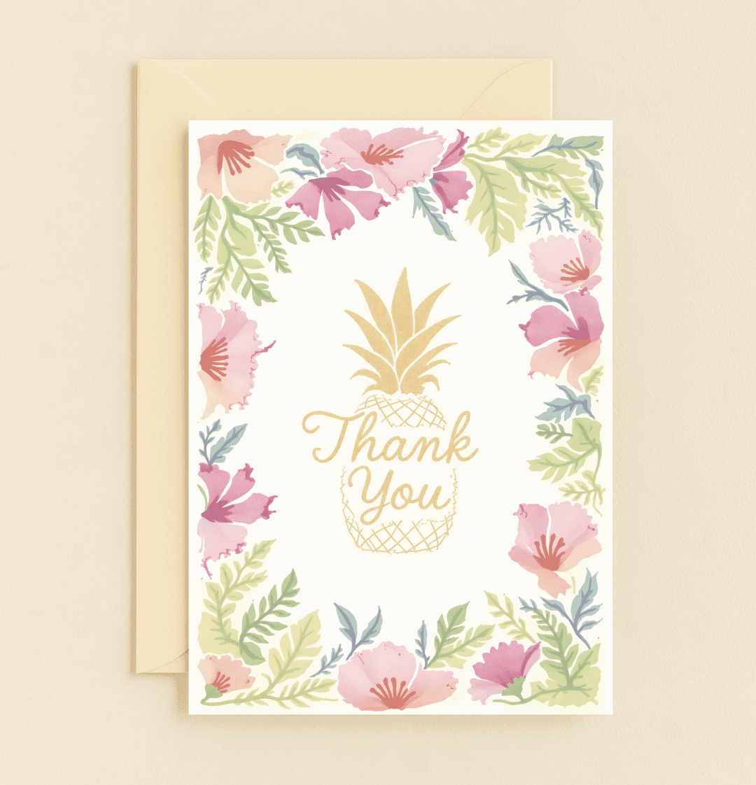 Express your gratitude with vibrant tropical elegance in our "Tropical Thanks: Pineapple Paradise" card, featuring a golden pineapple and watercolor hibiscus blooms.