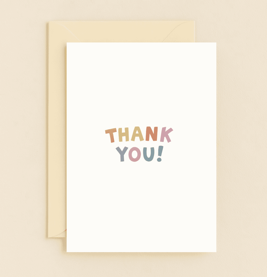 Express your gratitude vibrantly with this minimalist card featuring rainbow-colored "THANK YOU!" letters on a crisp white background.