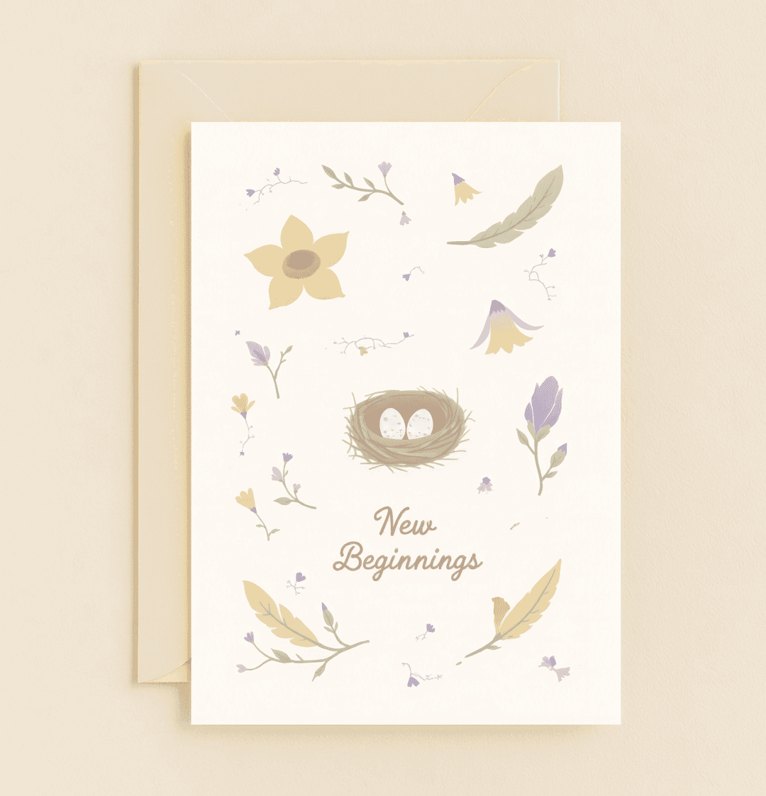 Celebrate Easter with "Springโs Fresh Promise," a pastel greeting card featuring a nest of speckled eggs, daffodils, and feathers symbolizing renewal.