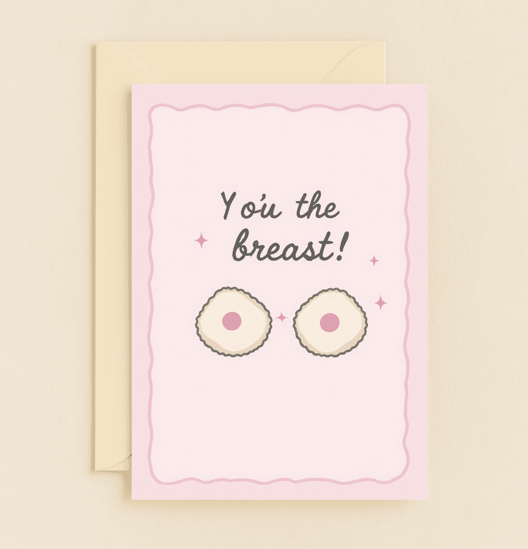 Celebrate Mother's Day with humor and sparkle using a pun-tastic card featuring playful breast-themed wordplay and whimsical pink sparkles.