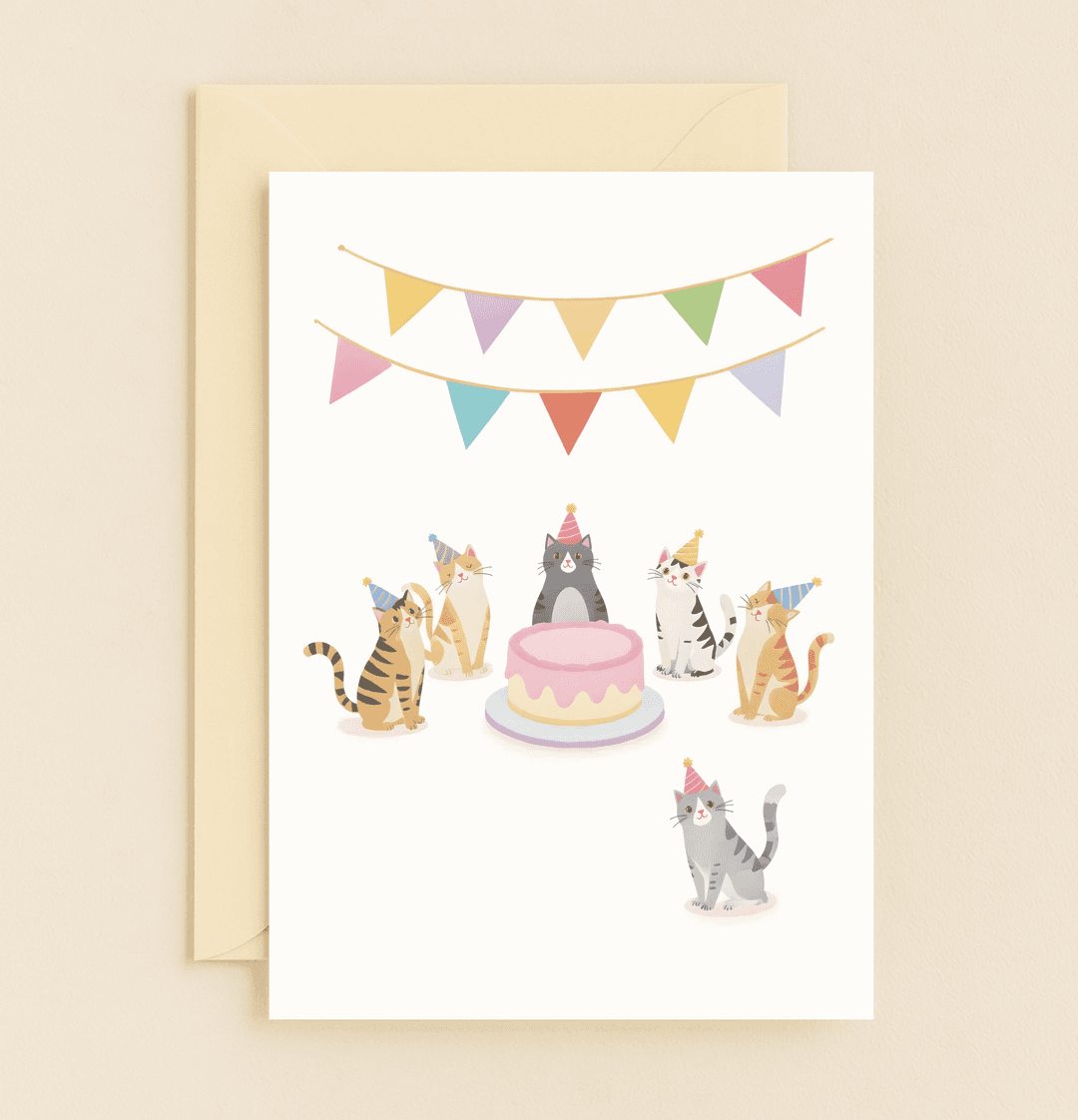 Celebrate in purr-fect style with a whimsical card featuring festive cats, colorful party hats, and a delightful pink cake, perfect for any cat lover's birthday.