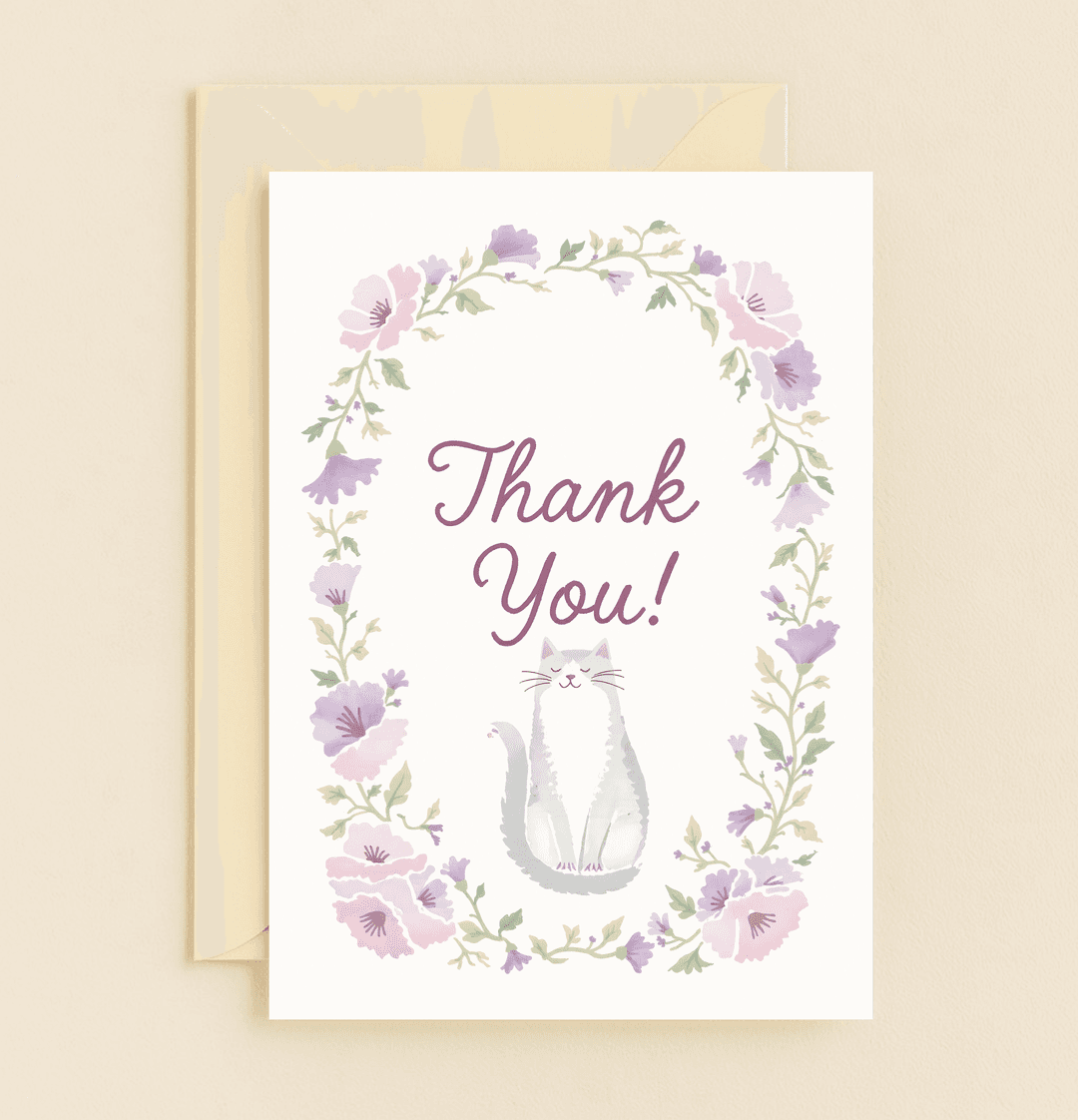 Express gratitude with "Purrfect Appreciation Blooms," featuring a whimsical watercolor floral frame and a serene cat for a gentle, heartfelt thank you.