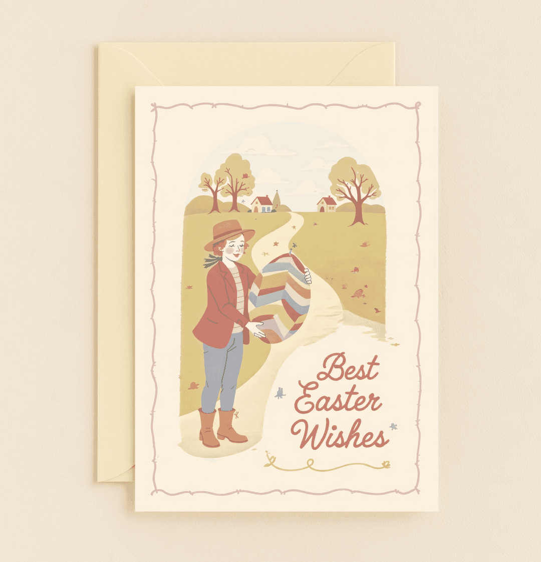 Send joyful Easter wishes with this charming card featuring a pastoral scene and a cheerful figure holding a vibrant egg under a partly cloudy sky.