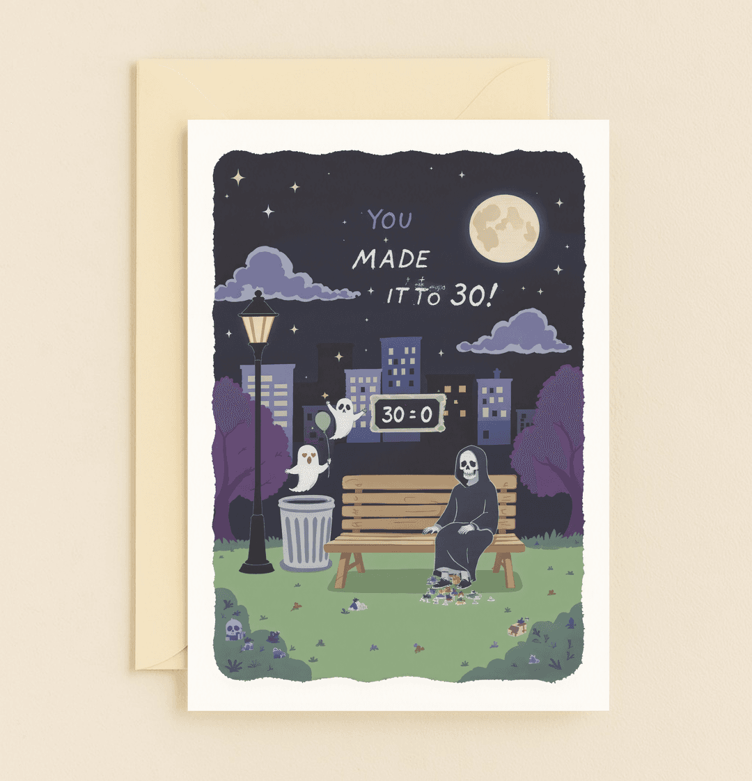 Celebrate turning 30 with dark humor in this whimsical card featuring a grim reaper, playful ghost, and night-time cityscape under a glowing full moon.