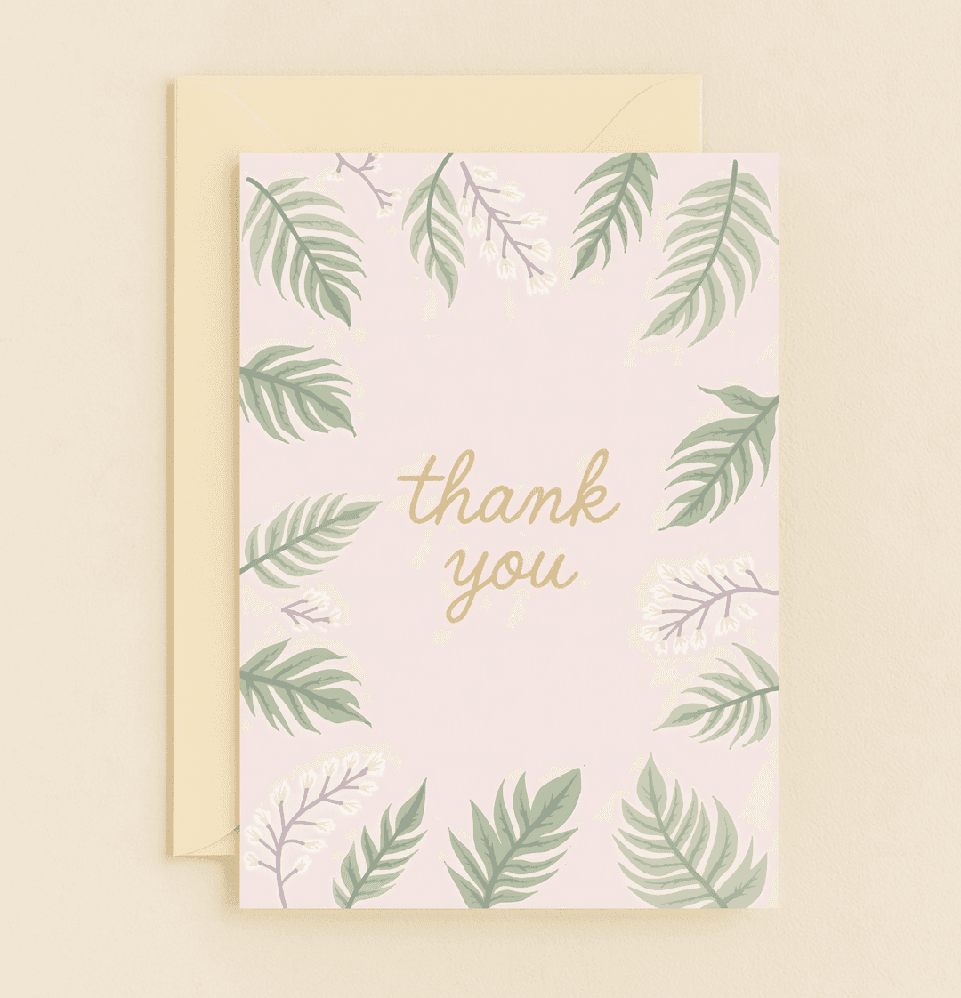 Express gratitude with the Botanical Bliss Thank You Card, featuring elegant gold script and soothing botanical designs of leaves and flowers.