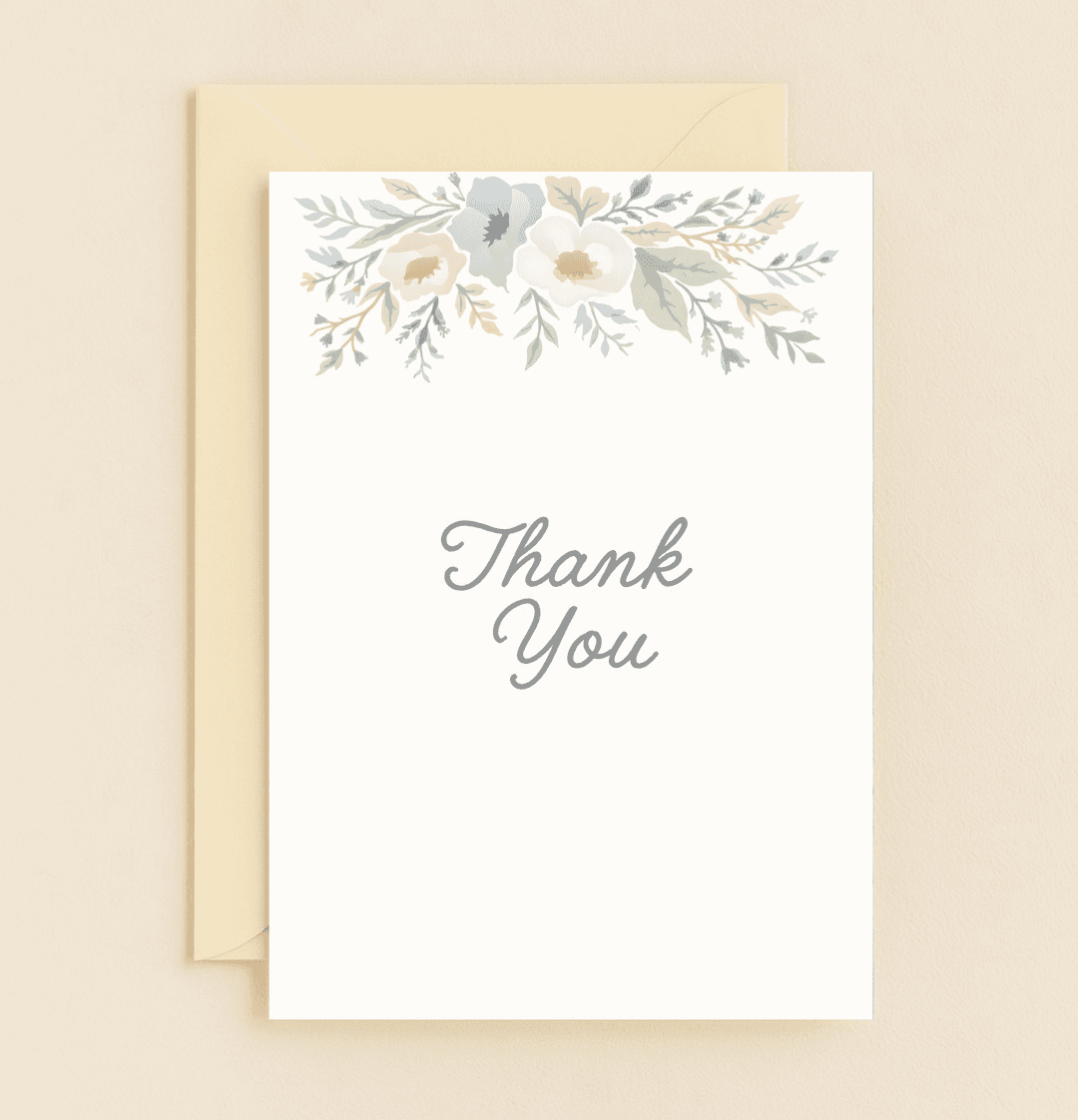 Express your appreciation with this elegant thank you card, featuring pastel watercolor flowers and graceful cursive script on a crisp white background.