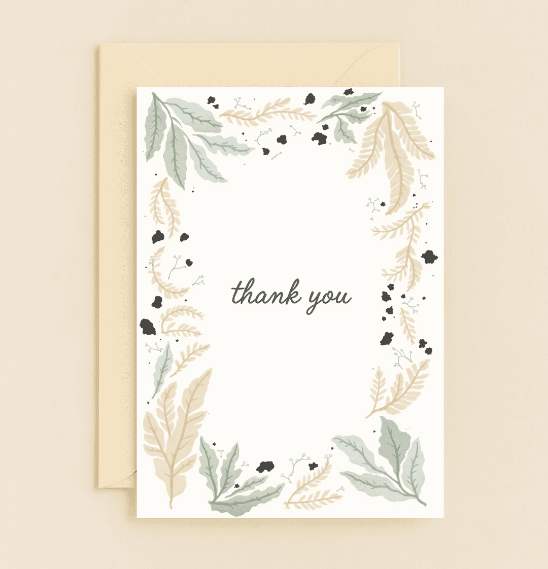 Express your gratitude with "Natureโs Grateful Whisper," a thank you card featuring elegant watercolor leaves, playful ink splotches, and a heartfelt message.