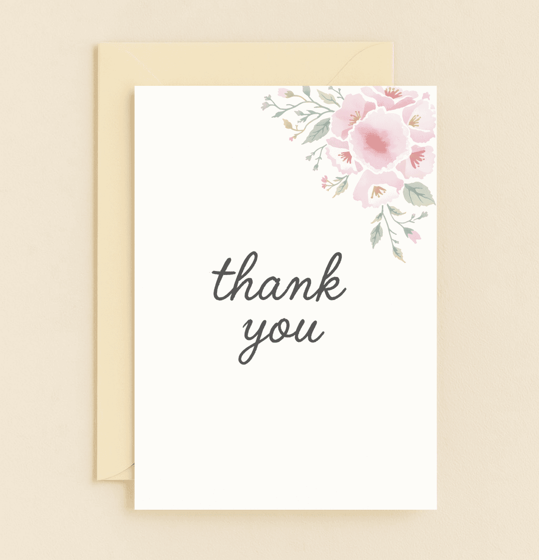 Express your appreciation with the Floral Gratitude Delight card, featuring elegant watercolor flowers and a heartfelt handwritten "thank you" on a crisp white background.