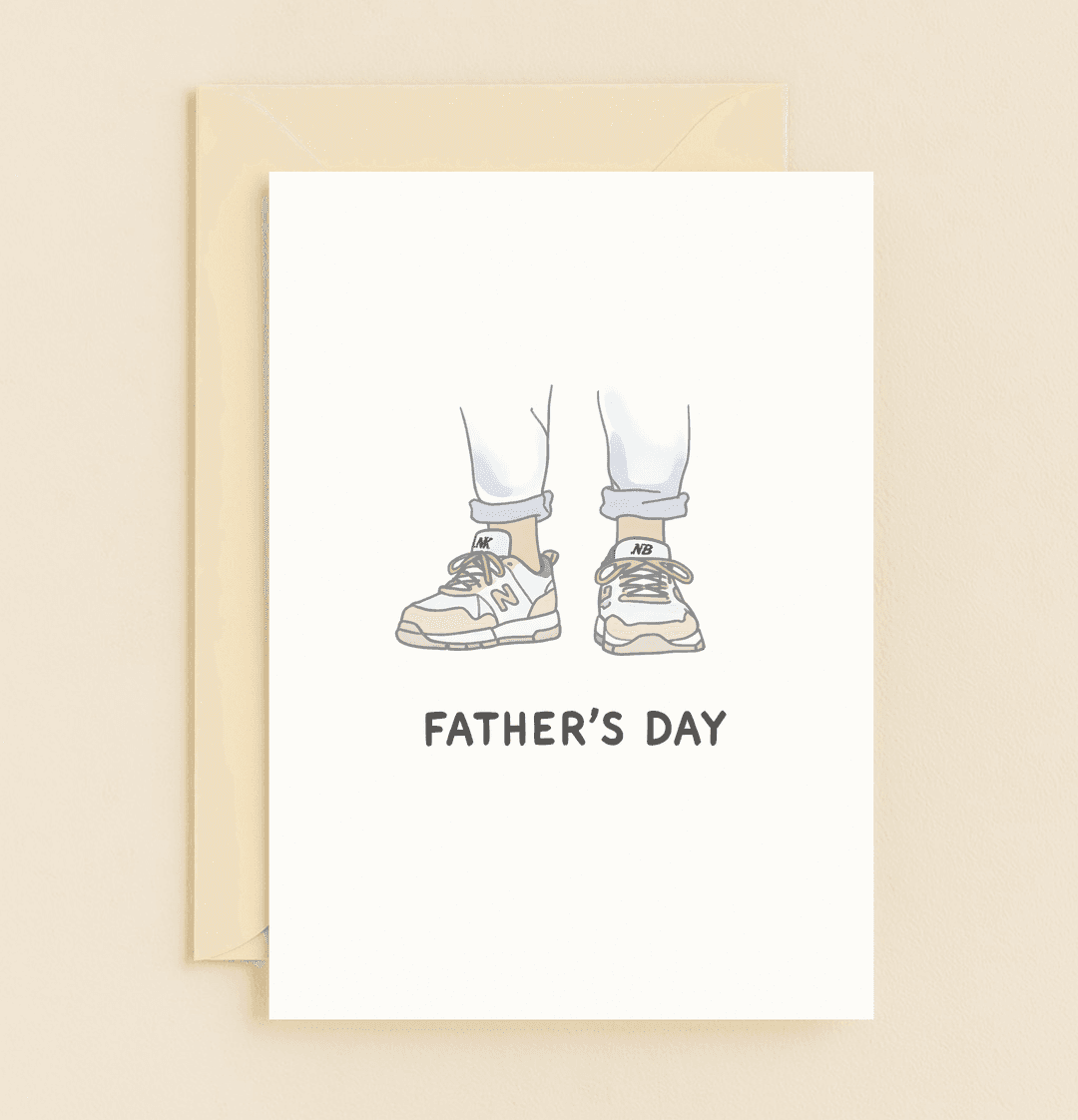 Celebrate Father's Day with a playful card featuring iconic New Balance sneakers and rolled-up jeans, capturing the essence of classic dad fashion.