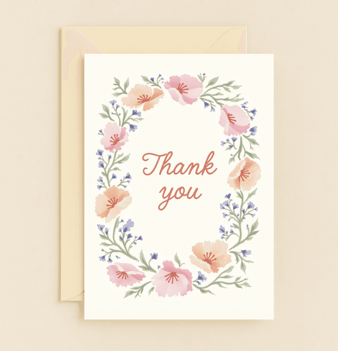Express heartfelt appreciation with our "Floral Whispers of Gratitude" card, featuring elegant watercolor floral designs and cursive "Thank you" in soft tones.
