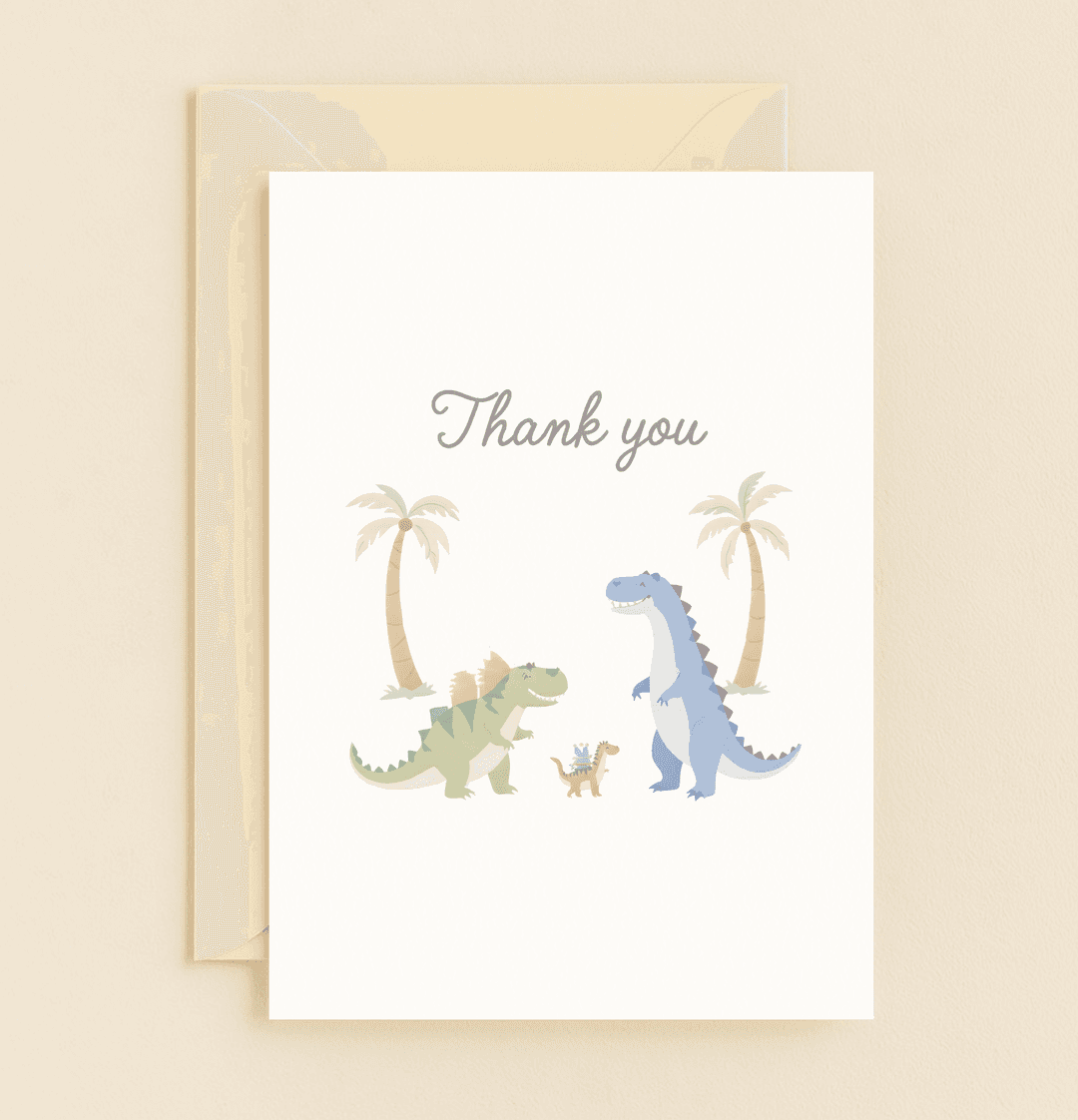 Express gratitude with this adorable greeting card featuring playful pastel dinosaurs, palm trees, and a cute party hat, perfect for a family-themed thank you.