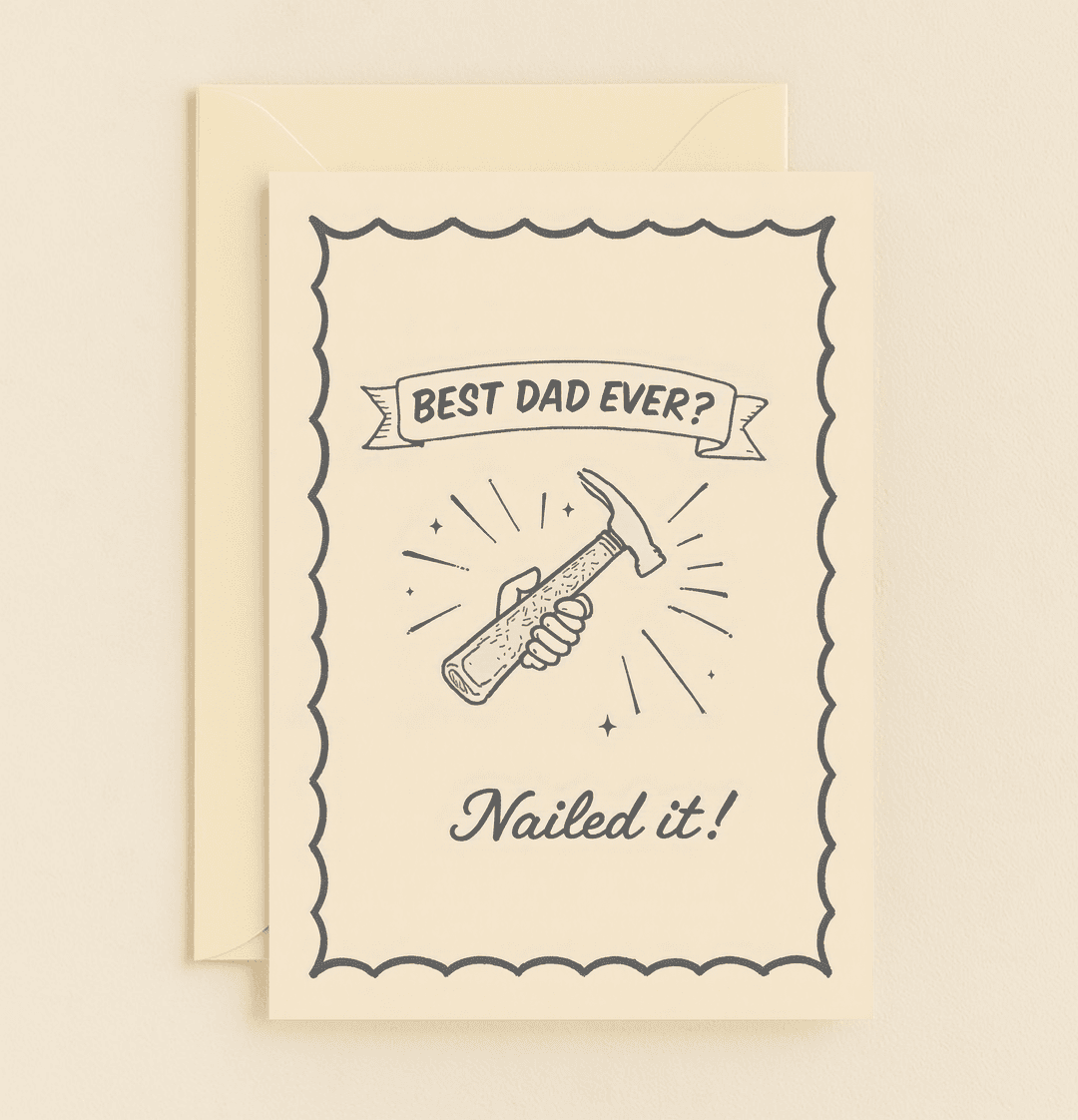 Celebrate Father's Day with a clever, hand-drawn card featuring a hammer-wielding hand and playful wordplay that says "Nailed it!" for your DIY-loving dad.