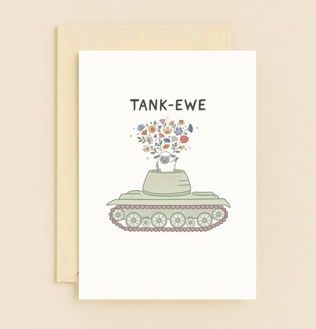 Send a burst of gratitude with our playful "TANK-EWE" card, featuring a joyful sheep in a flower-filled tankβa perfect blend of humor and charm.