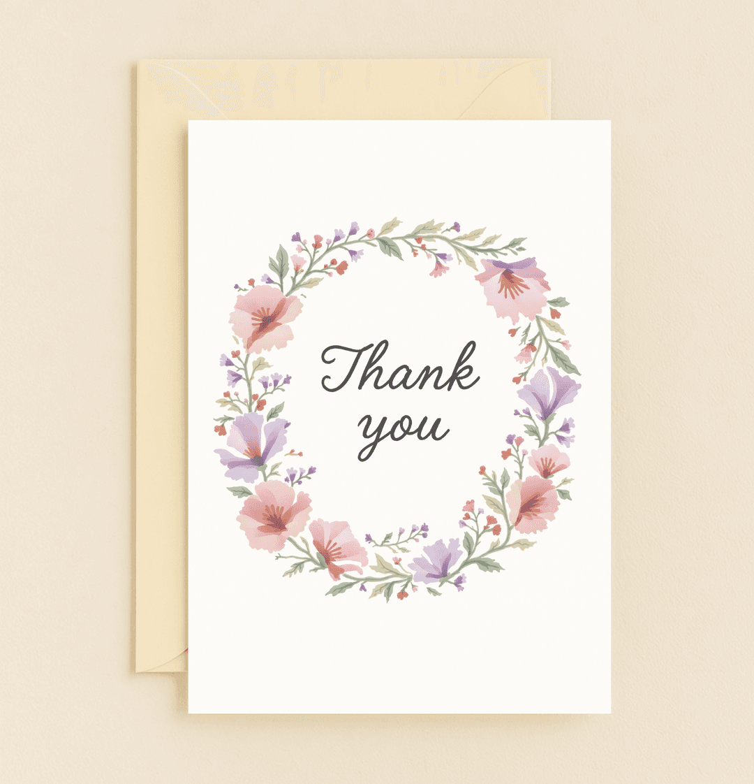 Express heartfelt thanks with this elegant greeting card, featuring a pastel floral wreath and classic script font.
