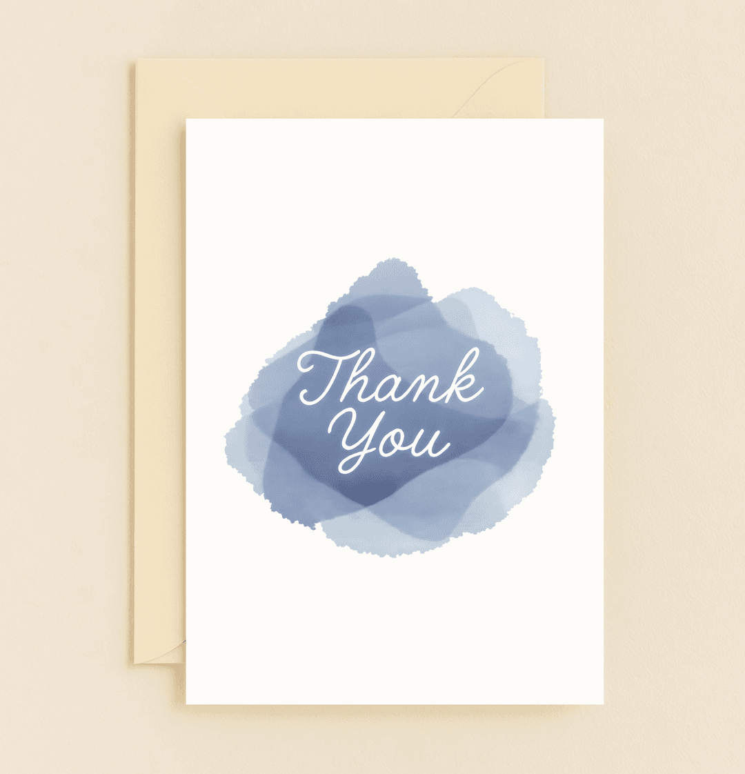 Express your gratitude elegantly with the "Grateful Blue Hues" card, featuring a minimalist watercolor design in soft blues and graceful cursive lettering.
