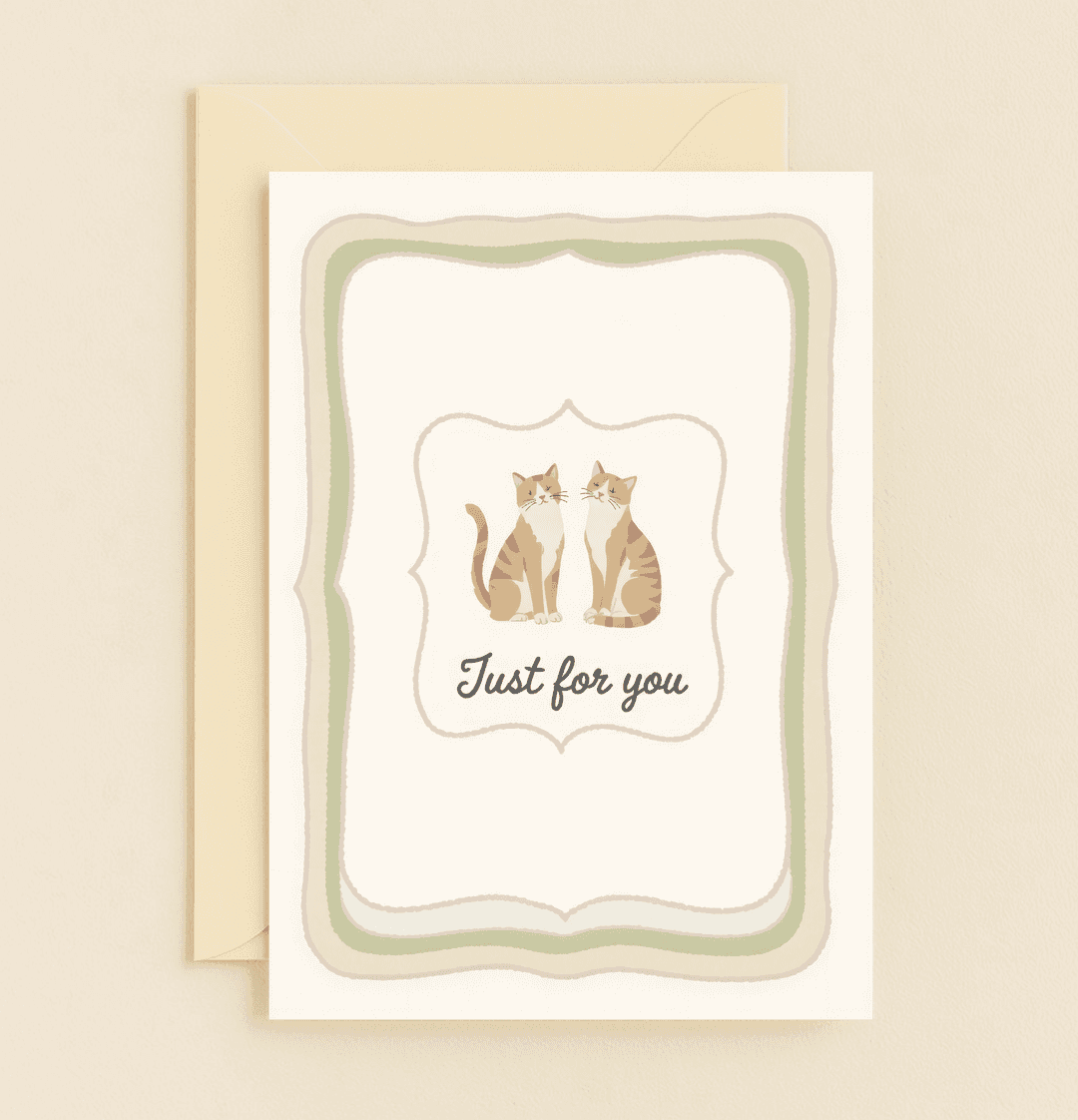 Purrfectly Yours: A Feline Greeting is an elegant thank-you card featuring minimalist tabby cats and pastel hues, perfect for cat lovers.