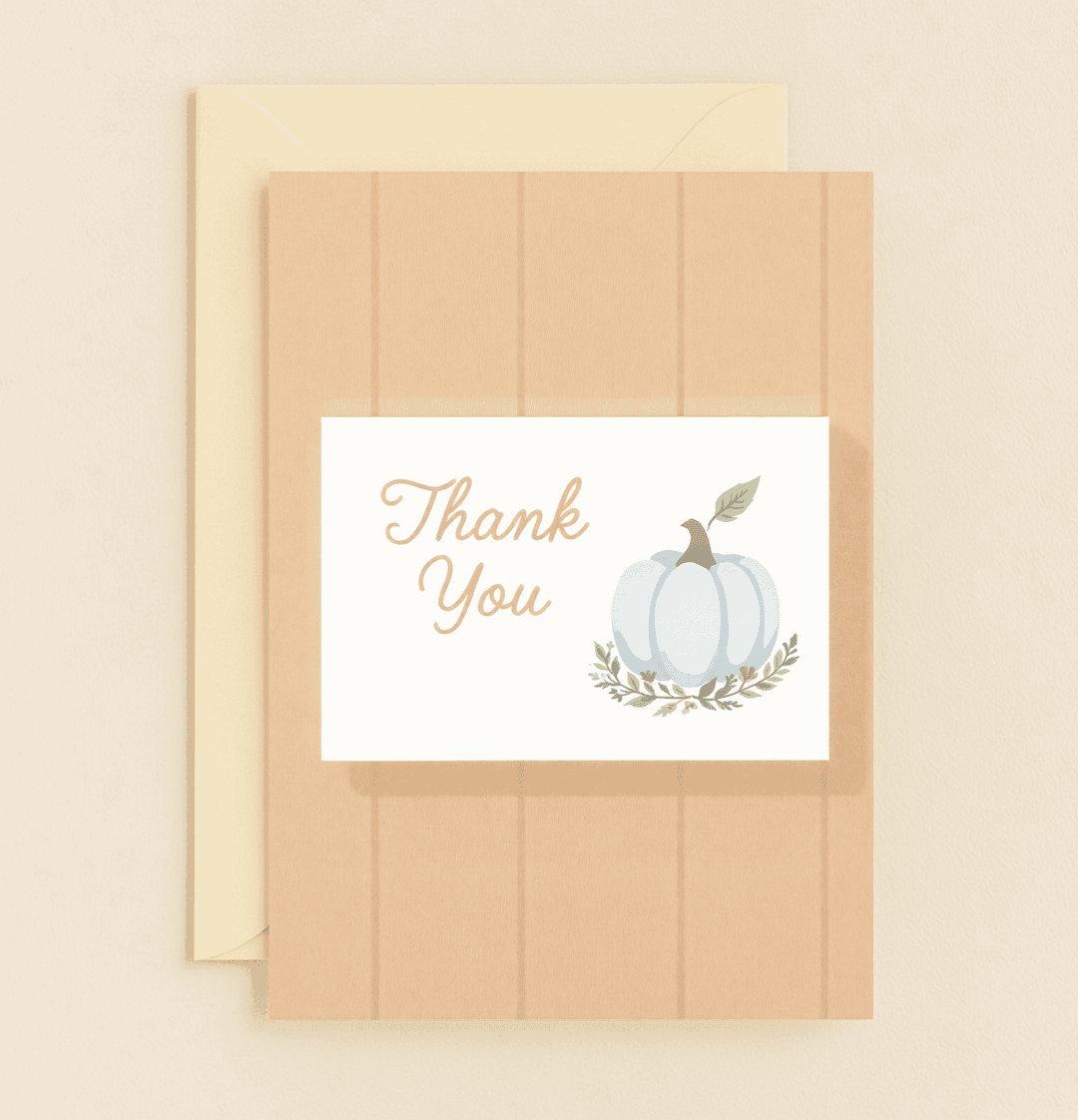 Express heartfelt thanks with "Autumn Glow of Gratitude," featuring a blue pumpkin and gold script against a warm wood backdrop, perfect for the harvest season.