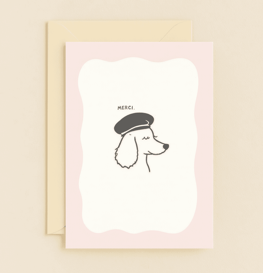 Express your gratitude with a whimsical touch using this minimalist thank you card featuring a beret-wearing pup and a charming "MERCI" in Parisian style.
