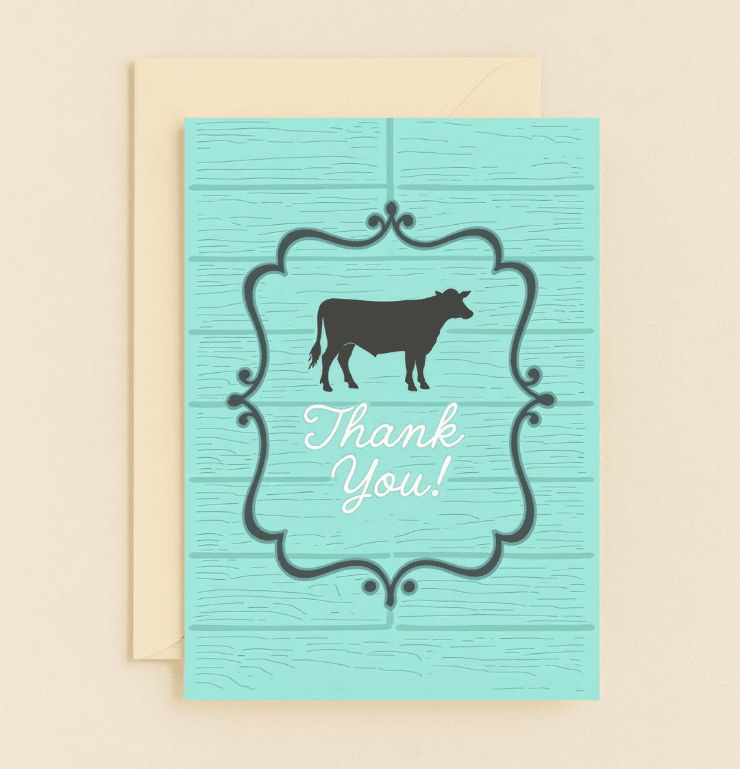 Express heartfelt gratitude with a touch of playful humor in this rustic cow-themed thank you card, featuring a charming silhouette and ornate frame.