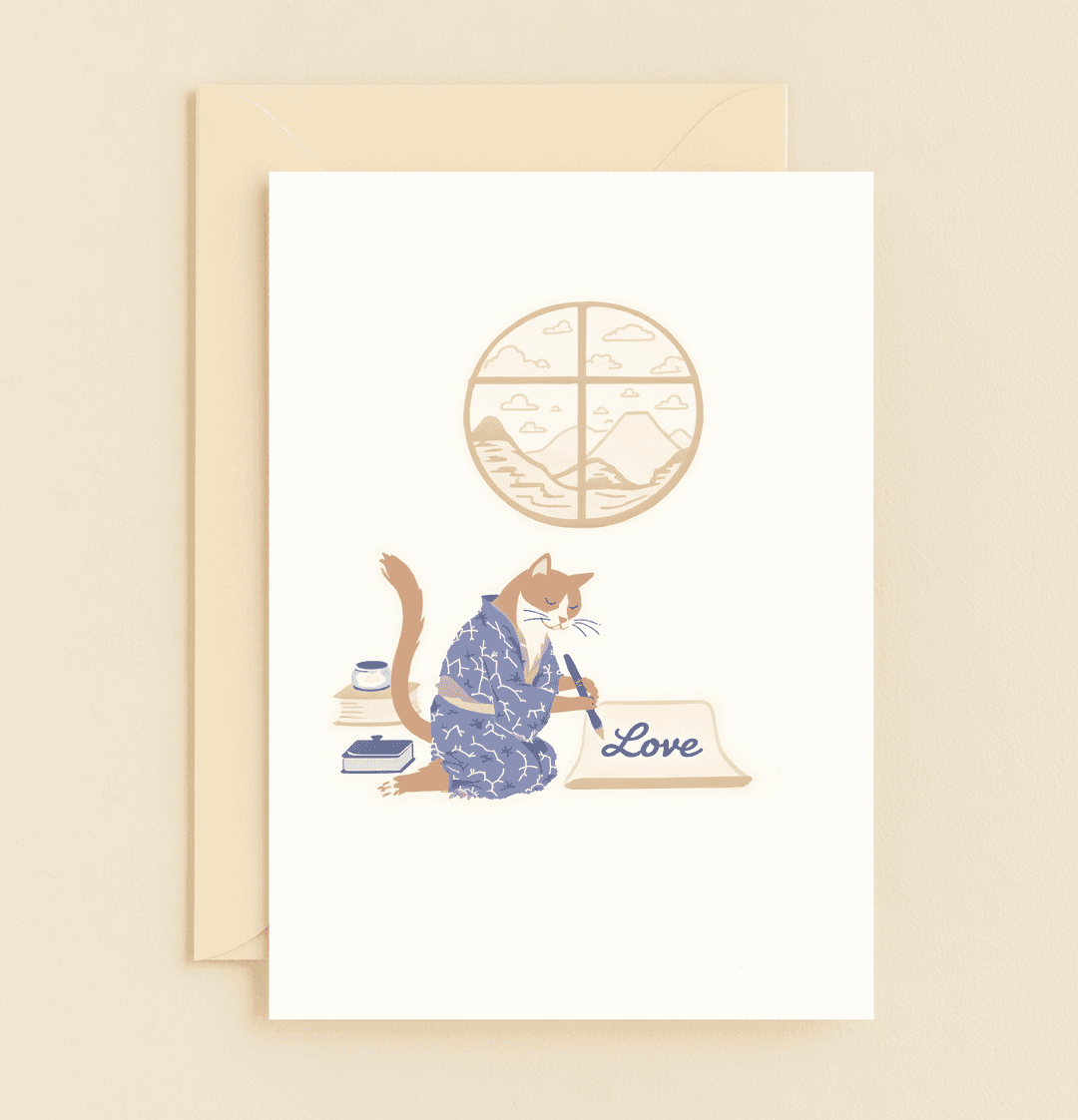 Celebrate your anniversary with a whimsical cat in kimono, artfully crafting "Love" amidst a serene Japanese landscape, perfect for pun-loving couples.