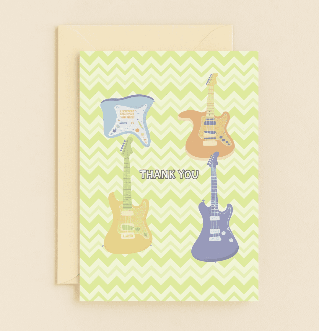 Express your gratitude with this vibrant "Rockinโ Appreciation Vibes!" card, featuring colorful guitars and playful wordplay for music lovers.