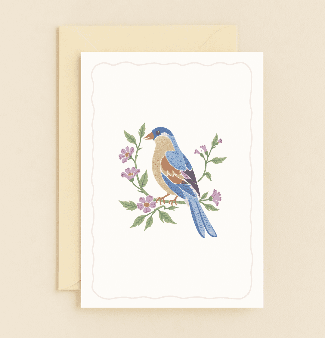 Celebrate Mother's Day with "Fluttering Love in Bloom," a beautifully illustrated card featuring a pastel bird and flowers, perfect for nature-loving moms.