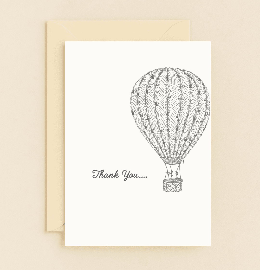 Express gratitude with vintage charm through this intricately designed hot air balloon card, perfect for adventurous spirits and travel enthusiasts.