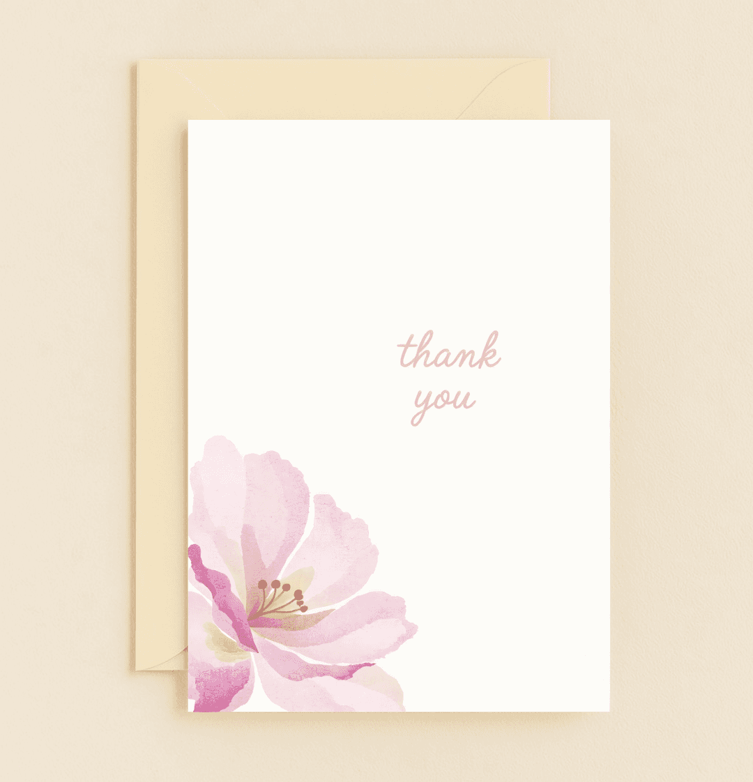 Express gratitude with our "Grateful Blooms" card, featuring elegant watercolor cherry blossoms in pastel hues for a minimalist, heartfelt thank you.