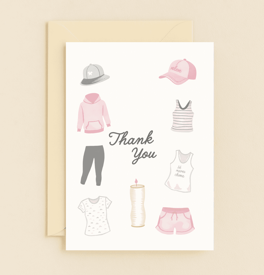 Express gratitude with cozy charm through this pastel-toned card featuring casual wear and a touch of humor for a stylish thank you.