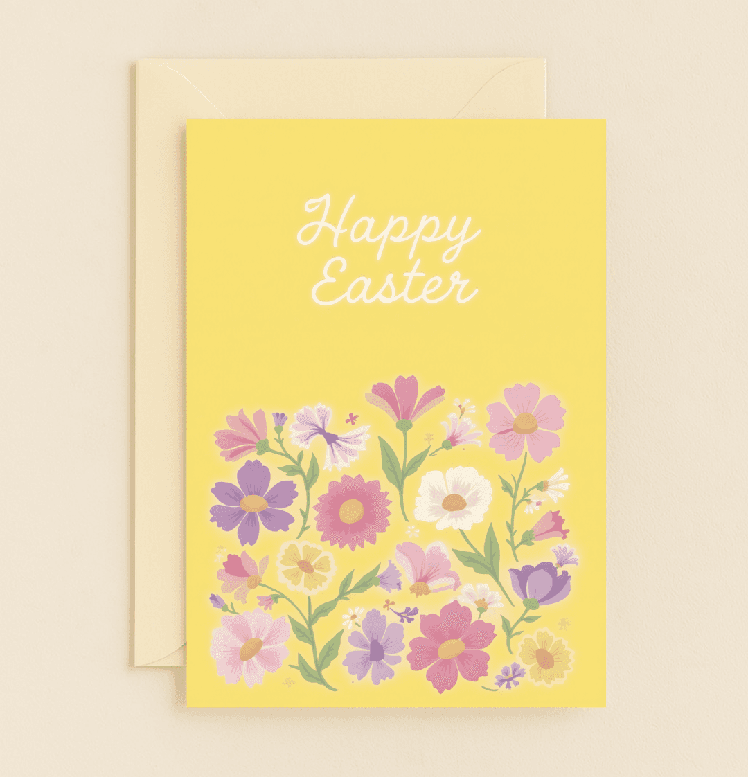 Celebrate Easter's beauty with a vibrant card featuring a pastel floral bouquet on a cheerful yellow background, perfect for spring festivities.