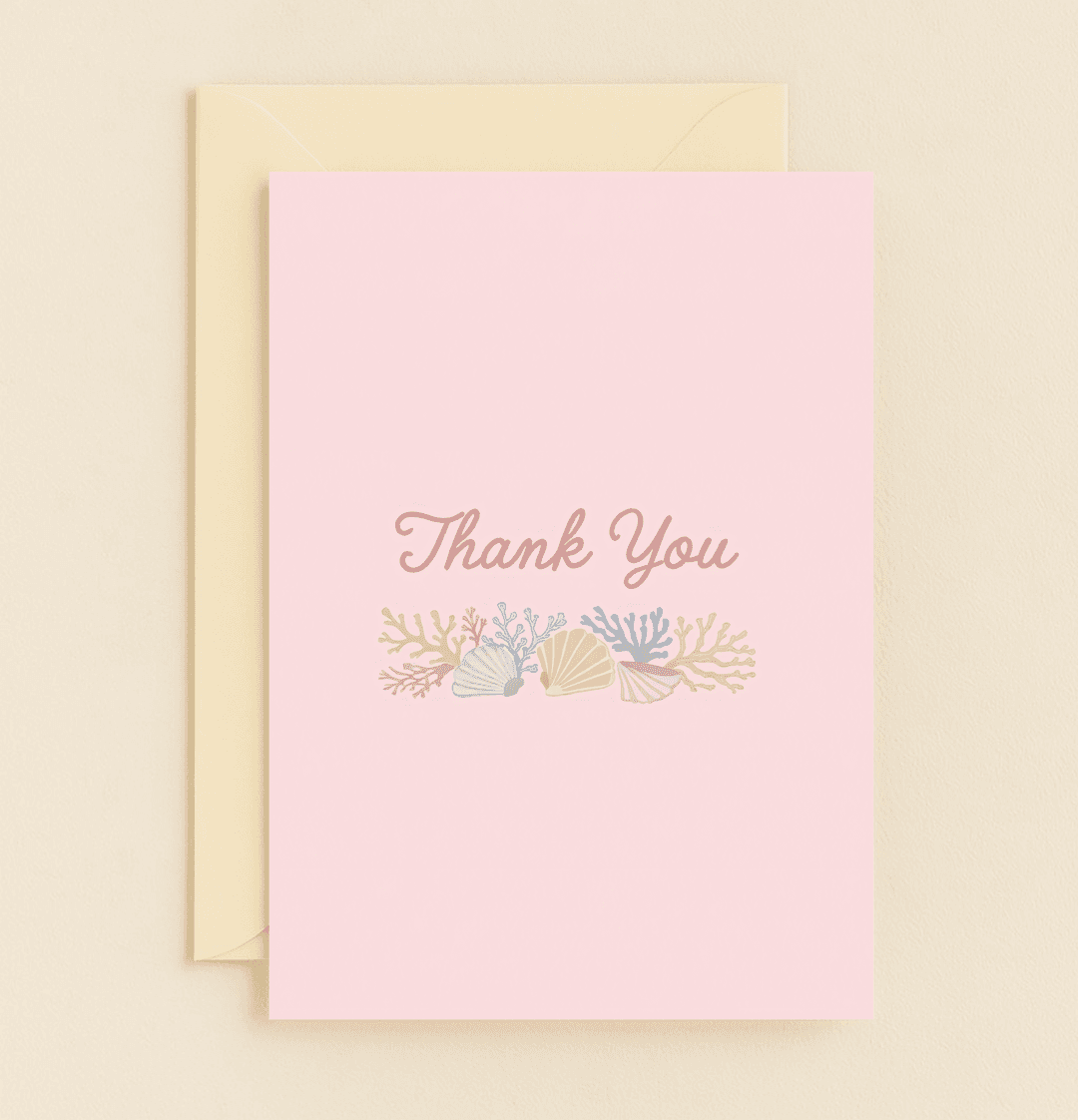 Express your gratitude with elegance through this pastel-themed card featuring a minimalist oceanic design of seashells and coral.