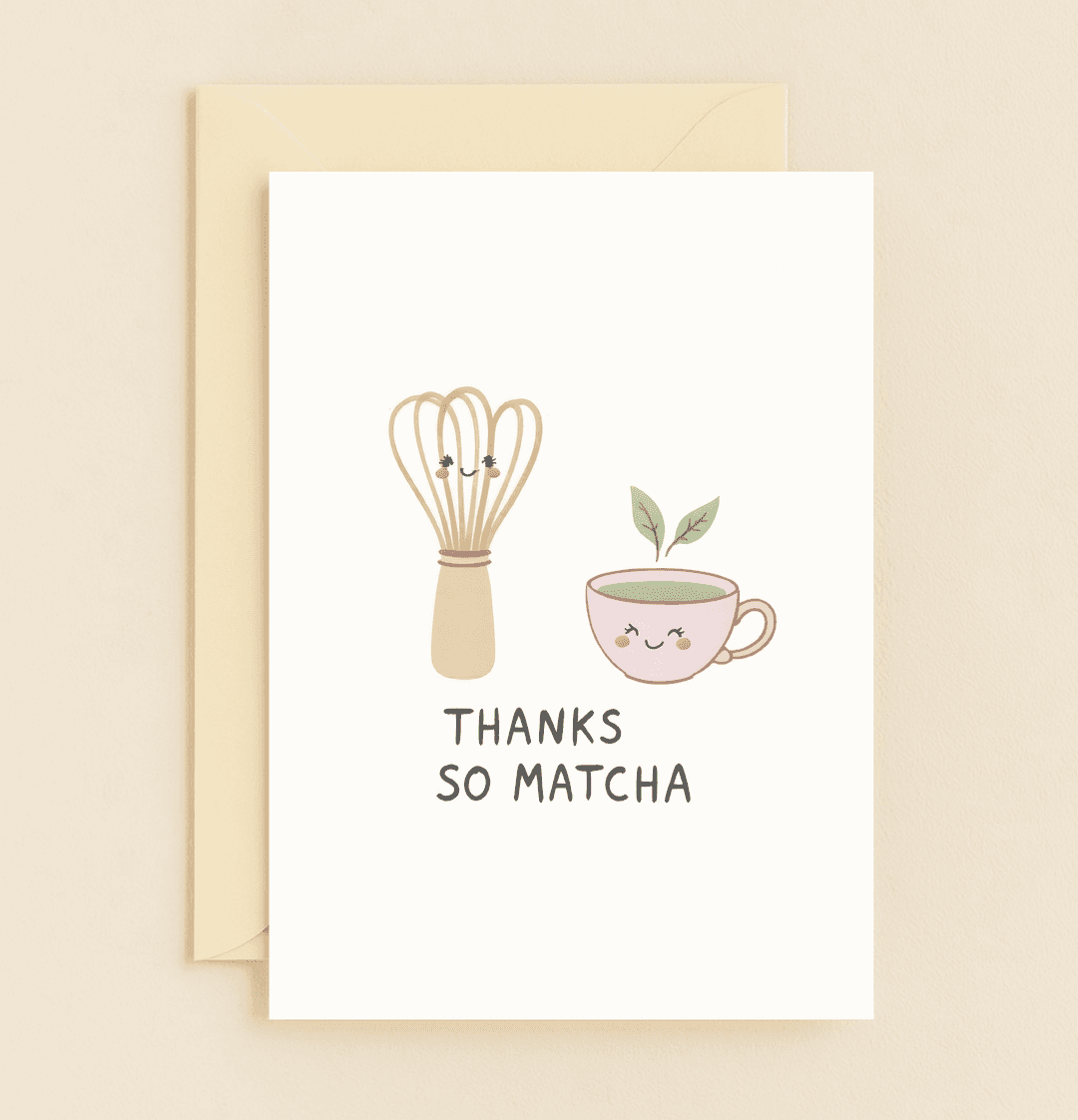 Express your heartfelt thanks with this whimsical matcha-themed card, featuring cute characters and playful puns, perfect for tea lovers.