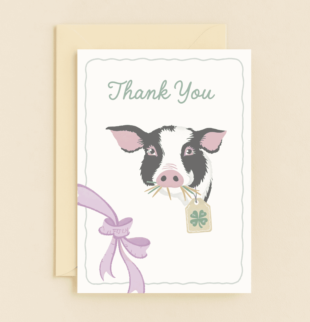 Express heartfelt thanks with this charming card featuring a whimsical cow, four-leaf clover, and purple ribbon, perfect for conveying your gratitude.