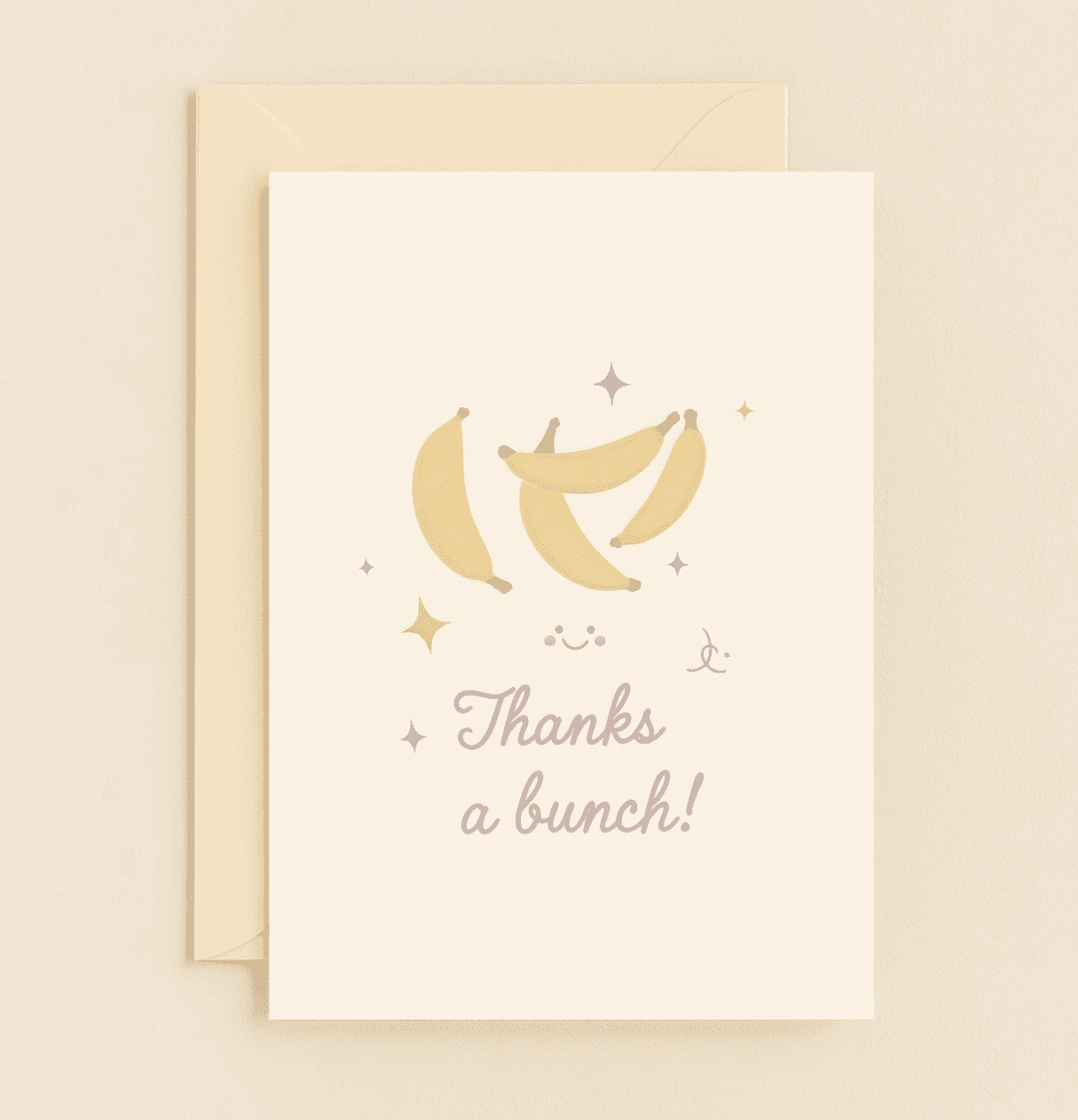 Brighten someone's day with the "Banana Smiles of Gratitude" card, featuring playful cartoon bananas and a punny "Thanks a bunch!" message.