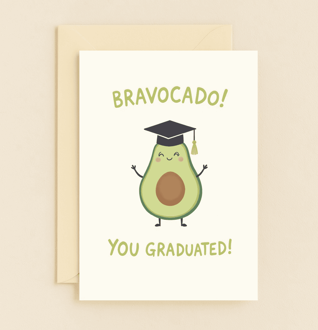 Celebrate their achievement with a playful, pun-filled card featuring a joyous avocado in a graduation cap, perfect for adding smiles to their big day!.