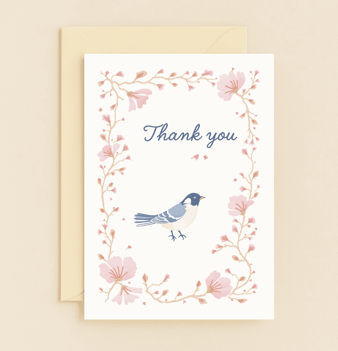 Express heartfelt thanks with "Natureโs Gratitude Symphony," featuring a serene bird amidst pastel flowers and branches, perfect for conveying gentle appreciation.