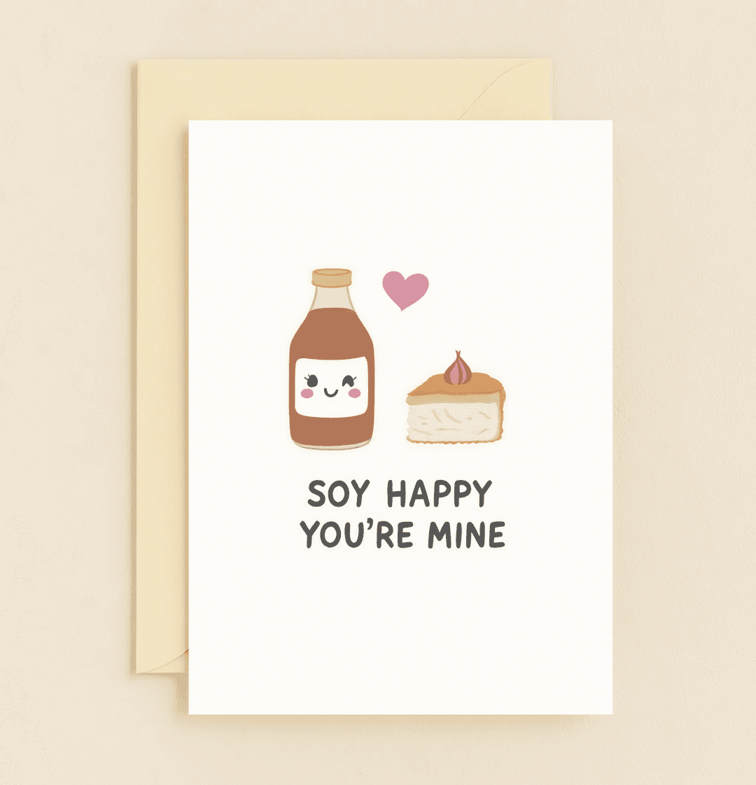 Celebrate your anniversary with a pun-filled card featuring a smiling soy sauce bottle and cake, perfect for expressing love with humor and charm.