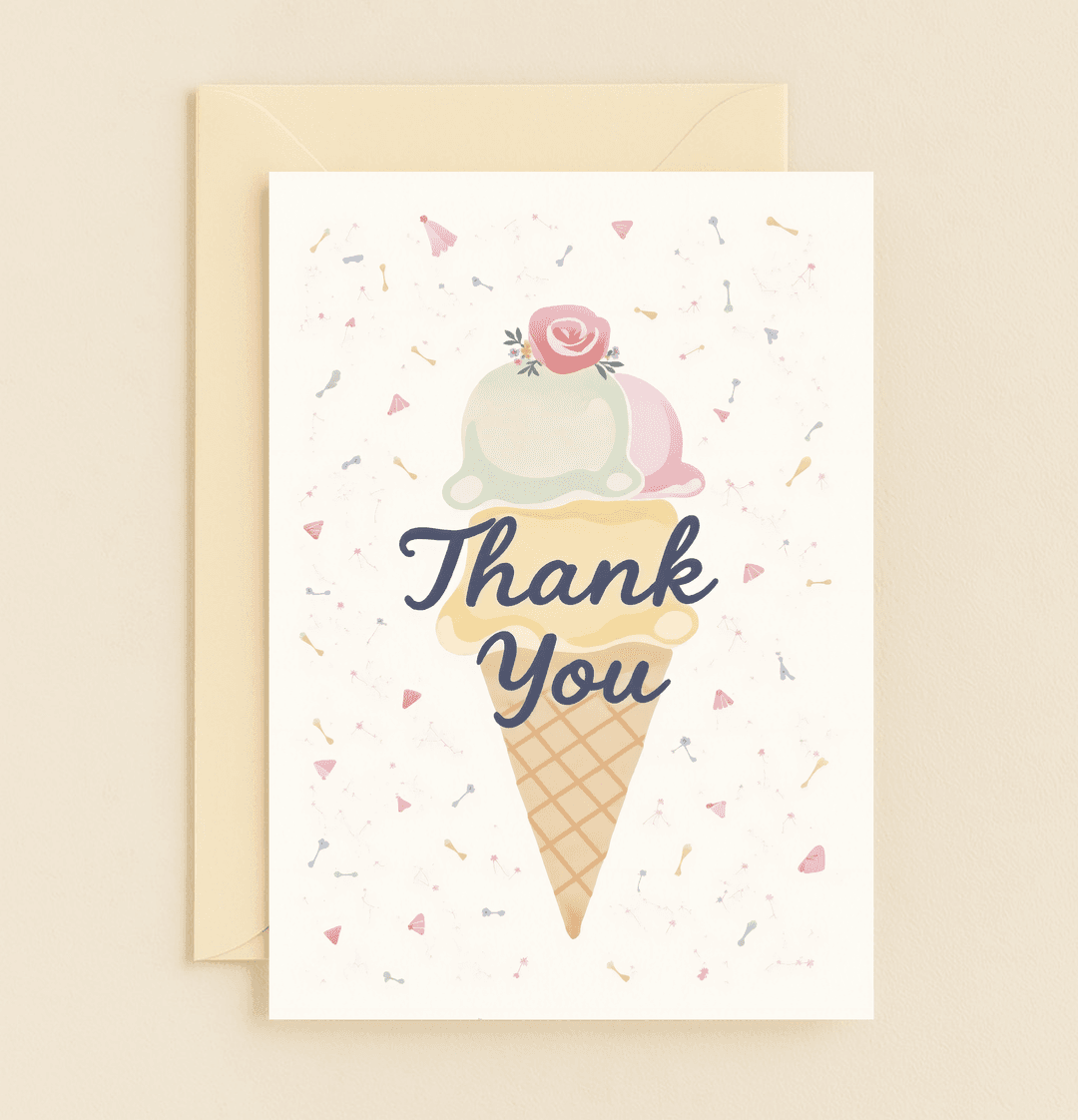 Express heartfelt thanks with our charming "Sweet Scoops of Gratitude" card, featuring pastel ice cream, a delicate rose, and festive confetti for a delightful touch.