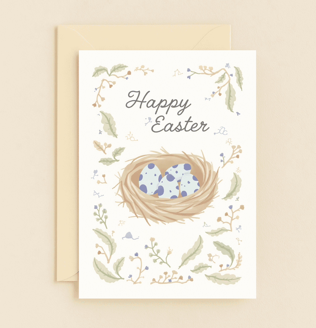 Celebrate Easter with a charming pastel card featuring a nest of polka-dotted eggs, surrounded by delicate botanical and floral elements.