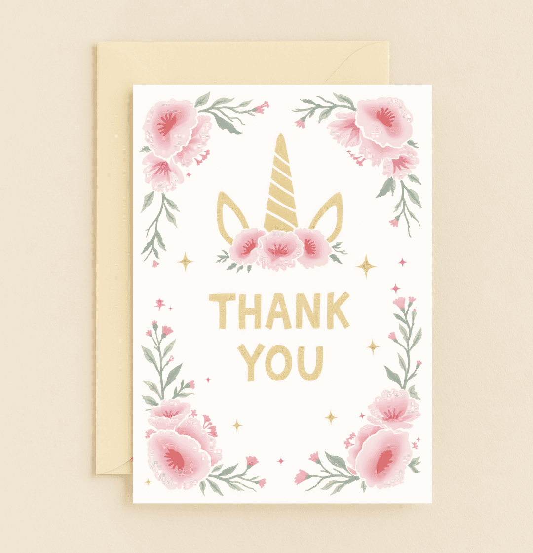 Express heartfelt thanks with "Magical Gratitude: Unicorn Wishes," featuring a glittering unicorn horn and pink watercolor flowers amidst a fantasy sparkle.