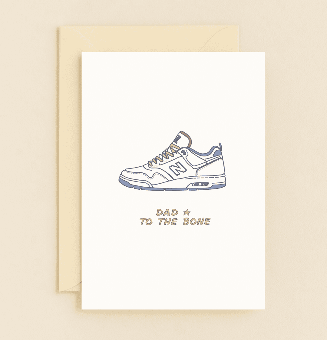 Celebrate Father's Day with a card that combines iconic dad sneakers and playful puns, featuring a "DAD TO THE BONE" design perfect for dad culture aficionados.