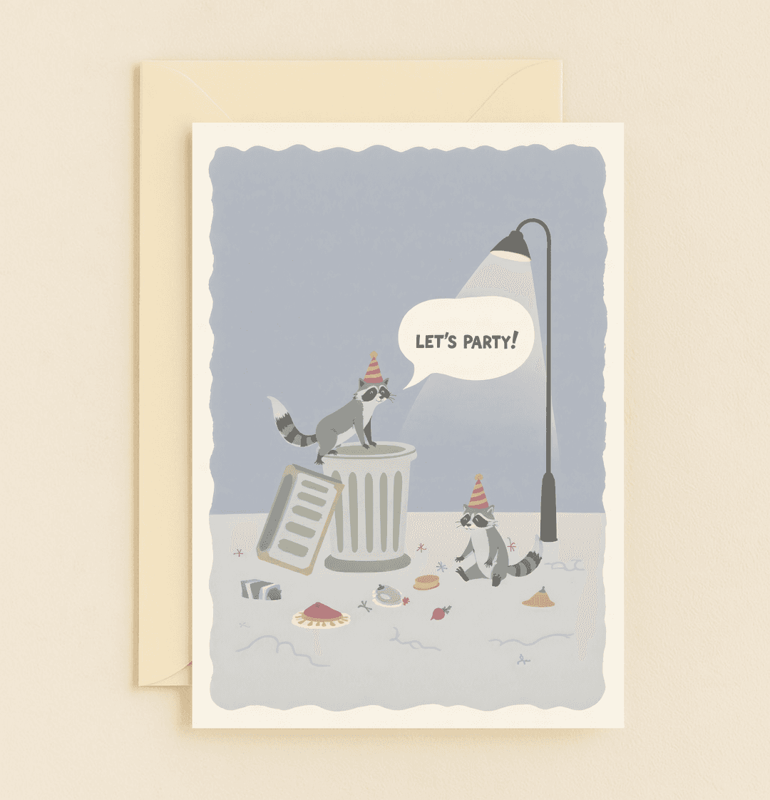 Celebrate a quirky birthday with "Raccoon Rave: Birthday Trash Bash," featuring party-loving raccoons and absurd humor under a streetlight.