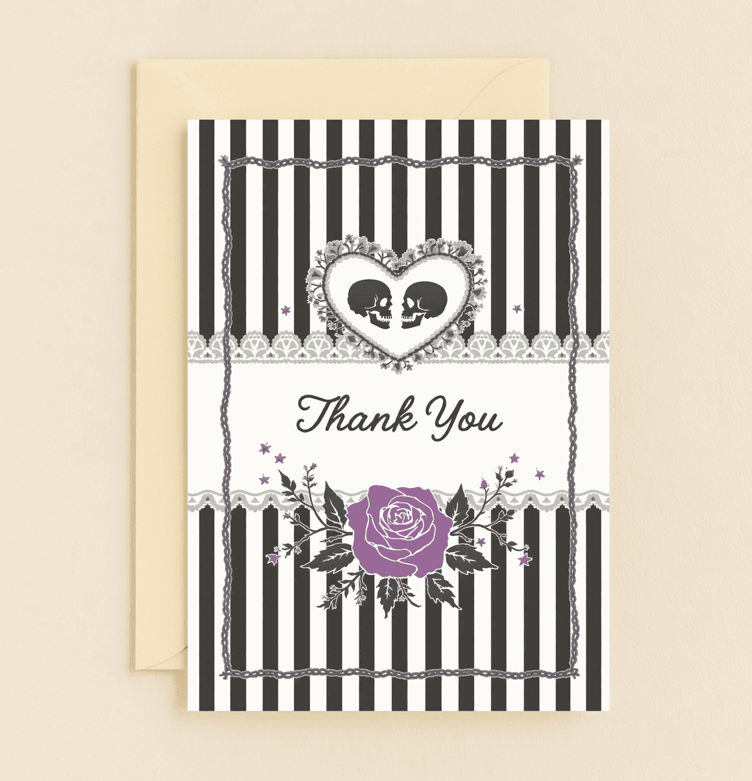 Express your gratitude with a touch of gothic elegance, featuring whimsical skulls, a romantic heart, and a bold purple rose on a surreal backdrop.